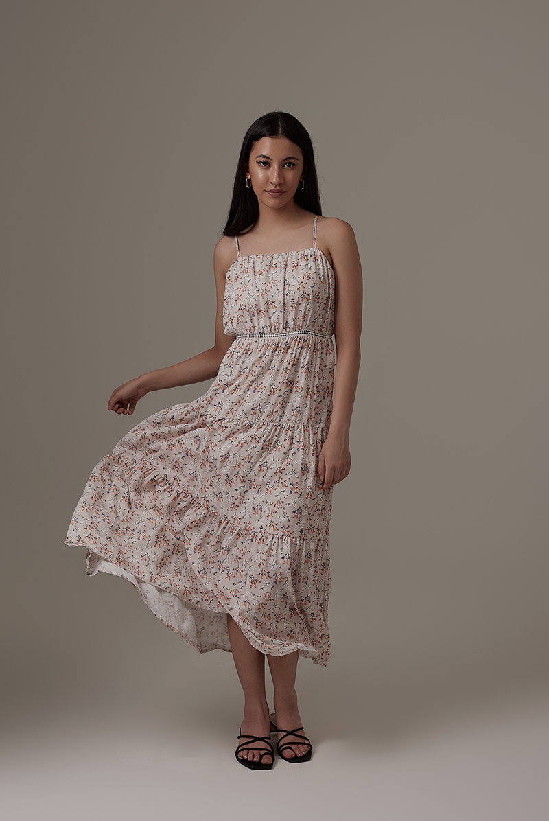 Bexley Tri-Tiered Maxi Dress in Beige