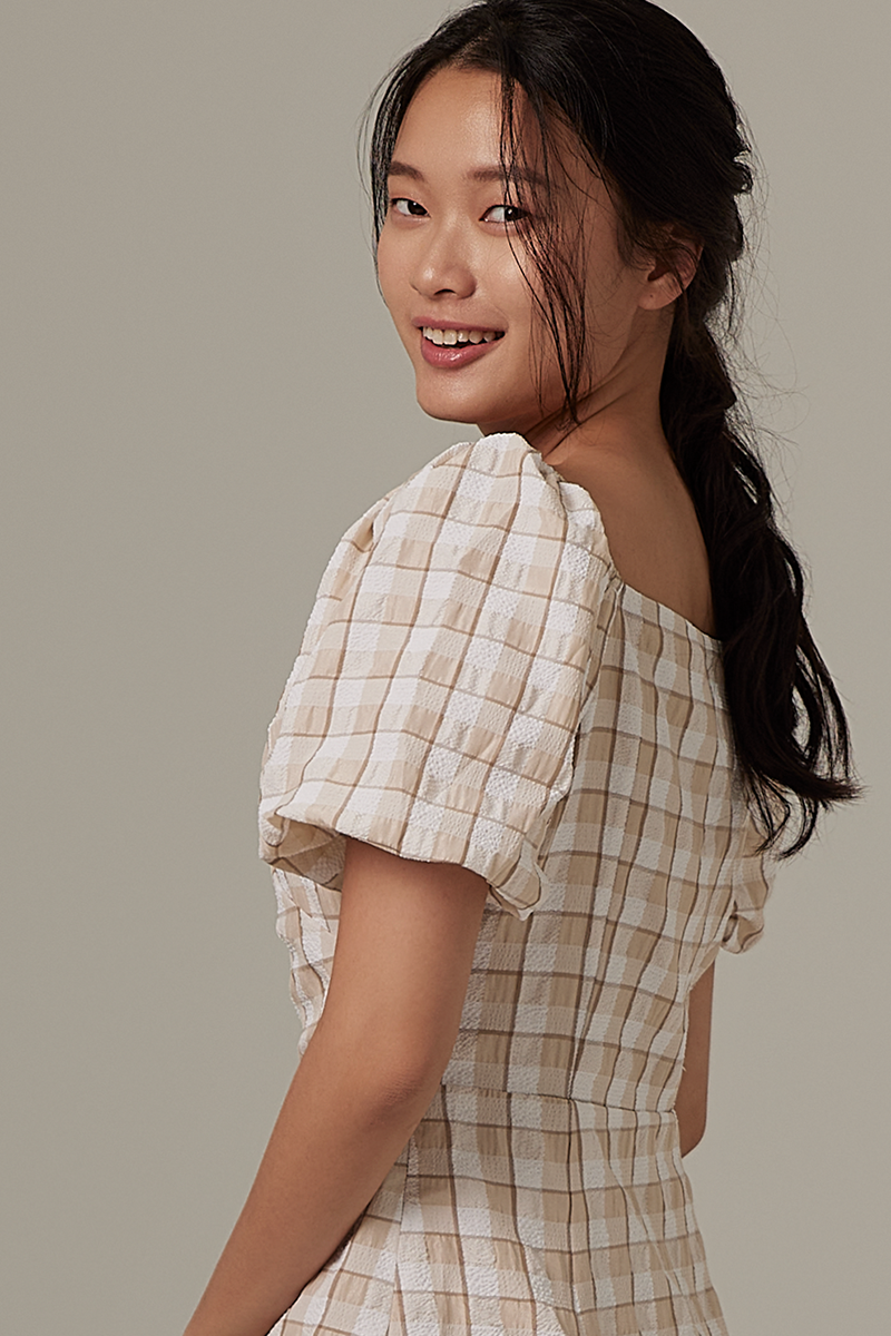 Finola Checkered Wrap Dress in Khaki