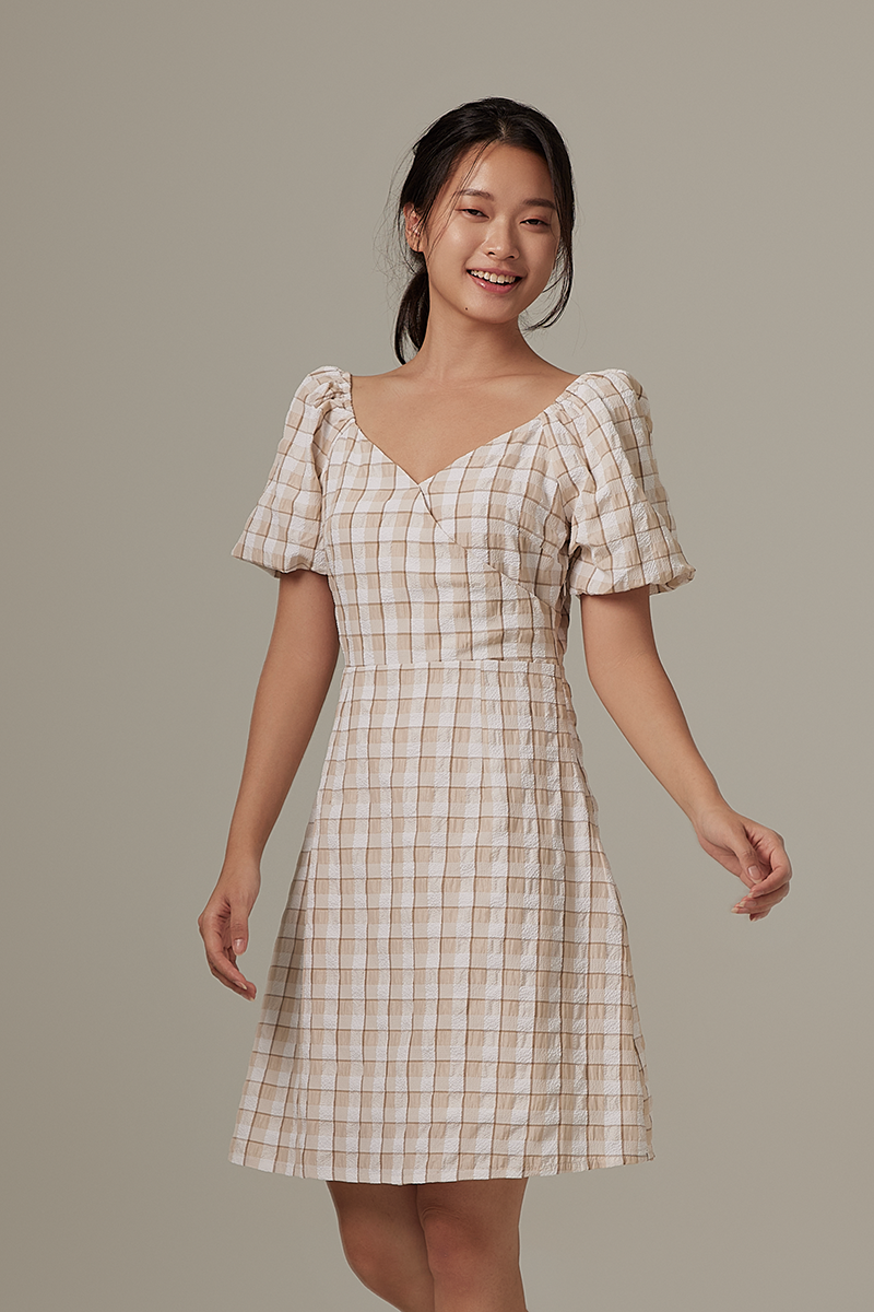 Finola Checkered Wrap Dress in Khaki