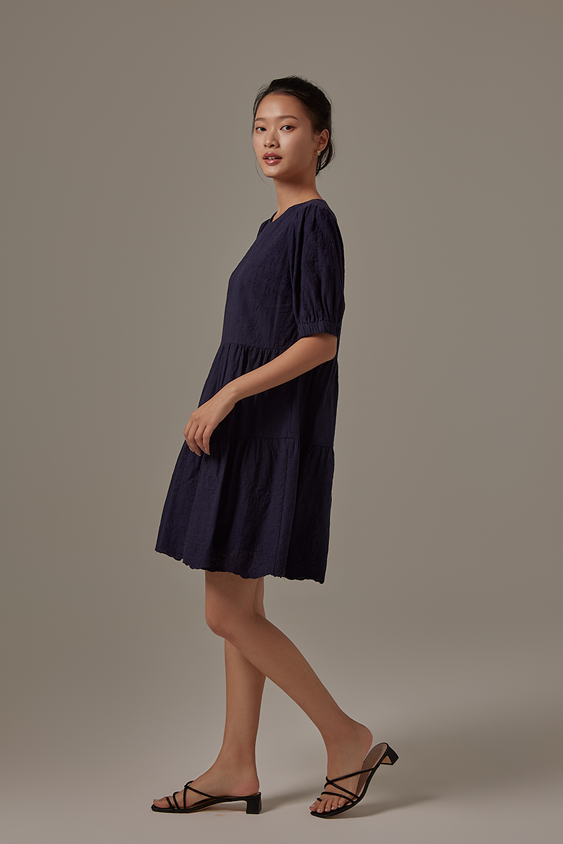 Jessine Embroidered Dress in Navy Blue