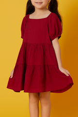 KIDS Shermaine Puff Sleeve Dress in Cherry