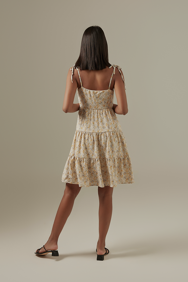 Aster Floral Tiered Dress in Beige