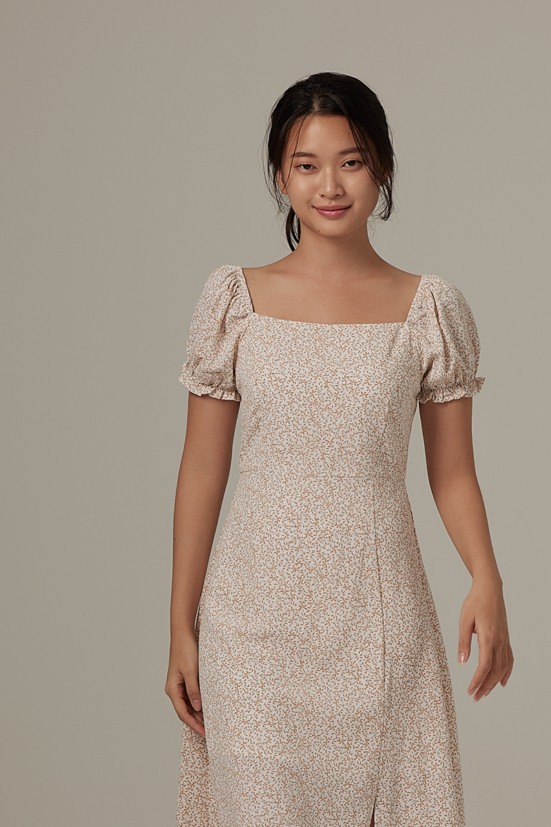 Fia Floral Side Slit Dress in White