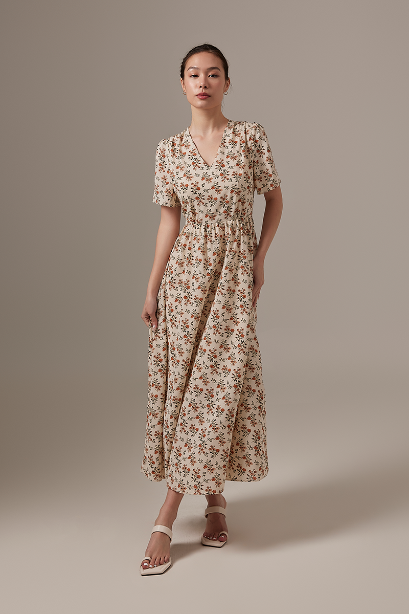 Abelle Floral A-line Maxi Dress in Cream
