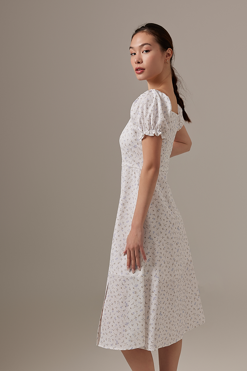 Luna Floral Puff Sleeves Midi Dress in White