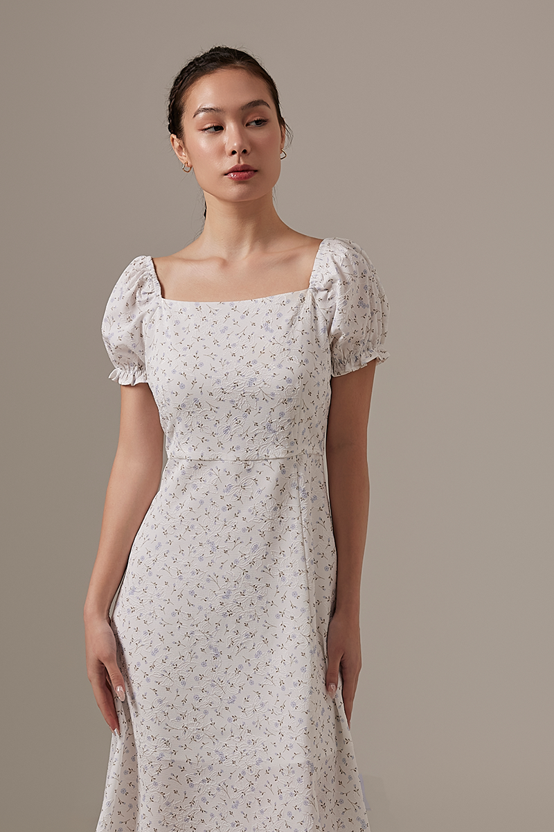 Luna Floral Puff Sleeves Midi Dress in White