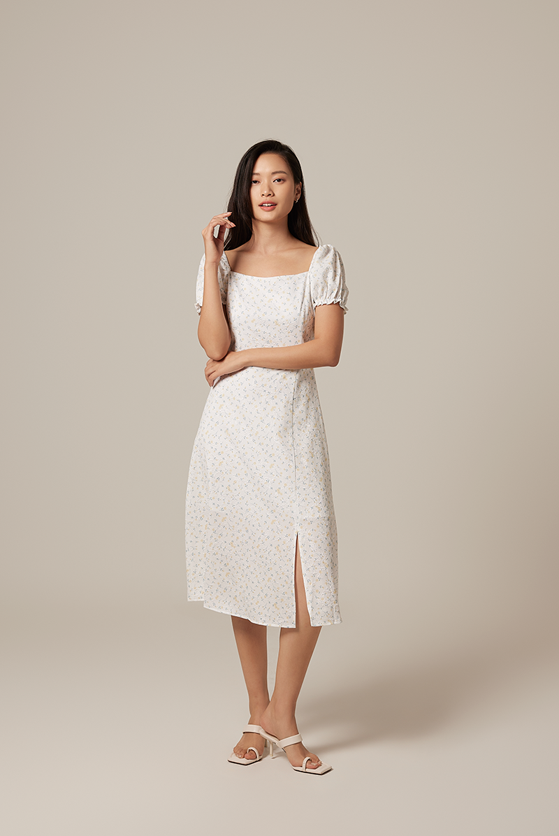 Luna Floral Puff Sleeves Midi Dress in Yellow