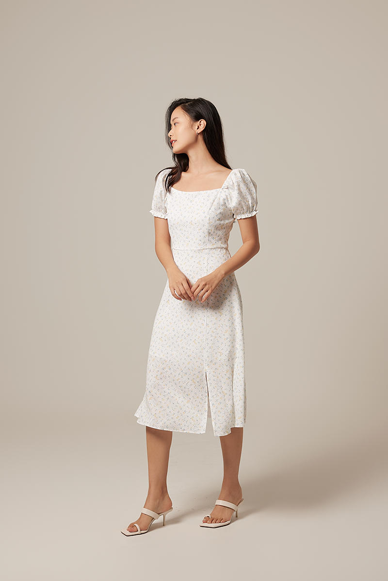 Luna Floral Puff Sleeves Midi Dress in Yellow