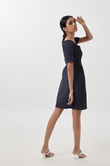 Teagan Puff Sleeves Dress in Navy Blue