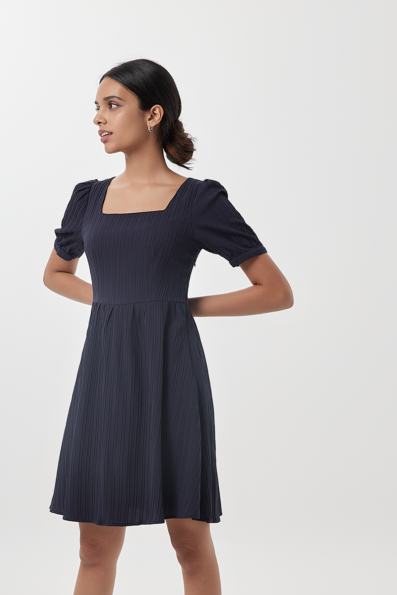 Teagan Puff Sleeves Dress in Navy Blue