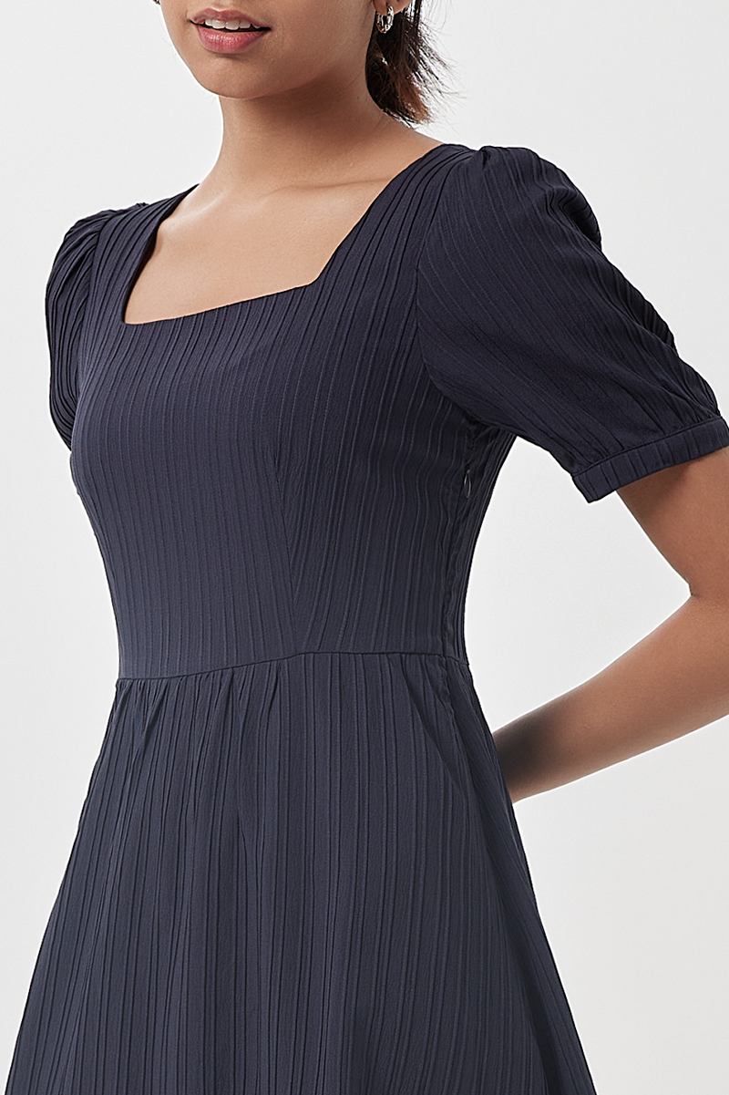 Teagan Puff Sleeves Dress in Navy Blue