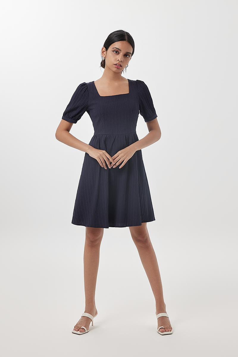 Teagan Puff Sleeves Dress in Navy Blue