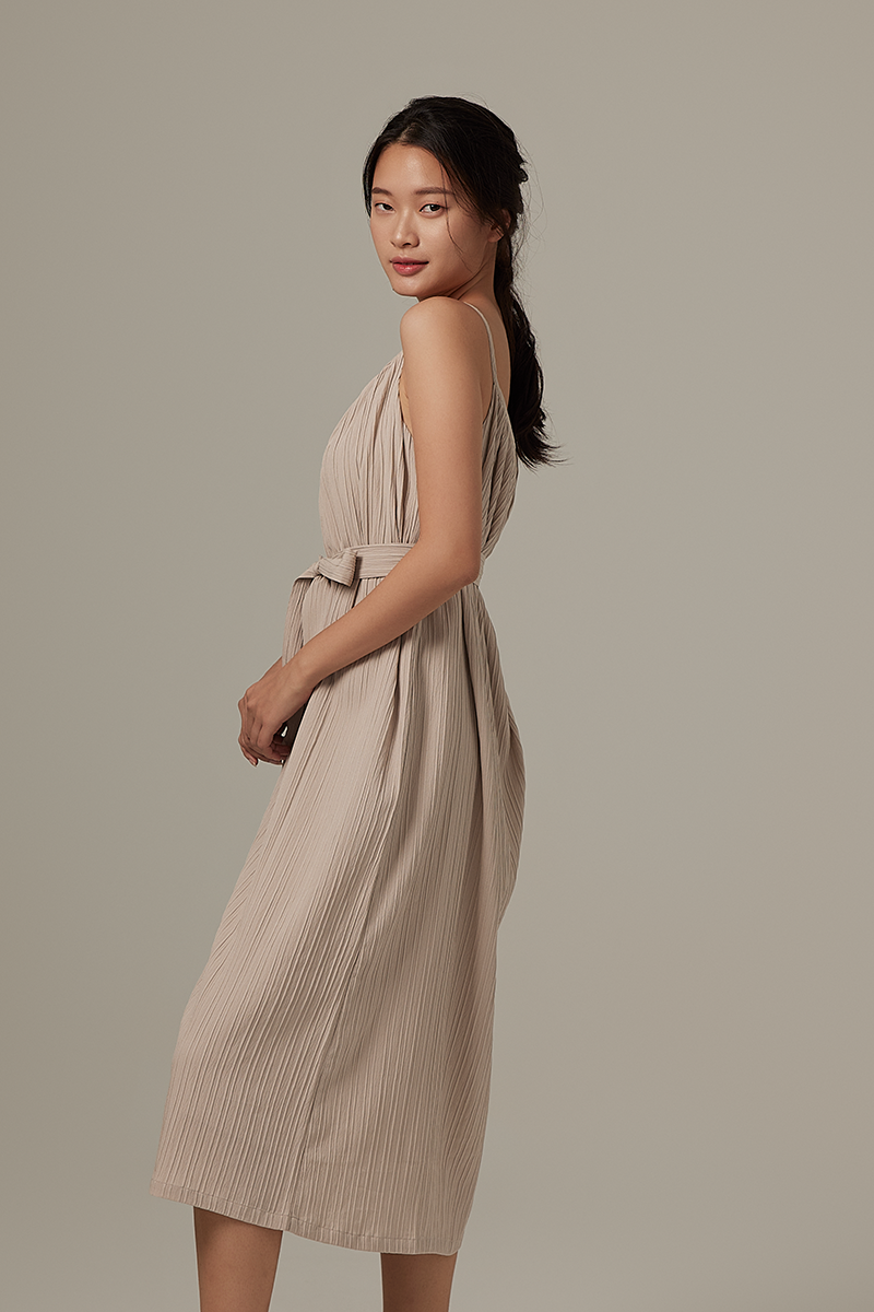 Mariena Ribbon Midi Dress in Clay