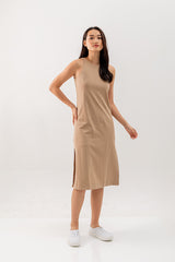 Krisan Sleeveless Side Slit Dress in Brown