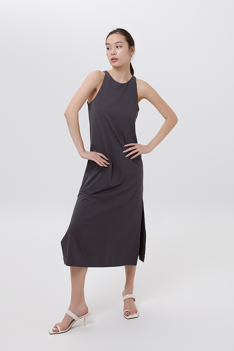 Krisan Sleeveless Side Slit Dress in Charcoal