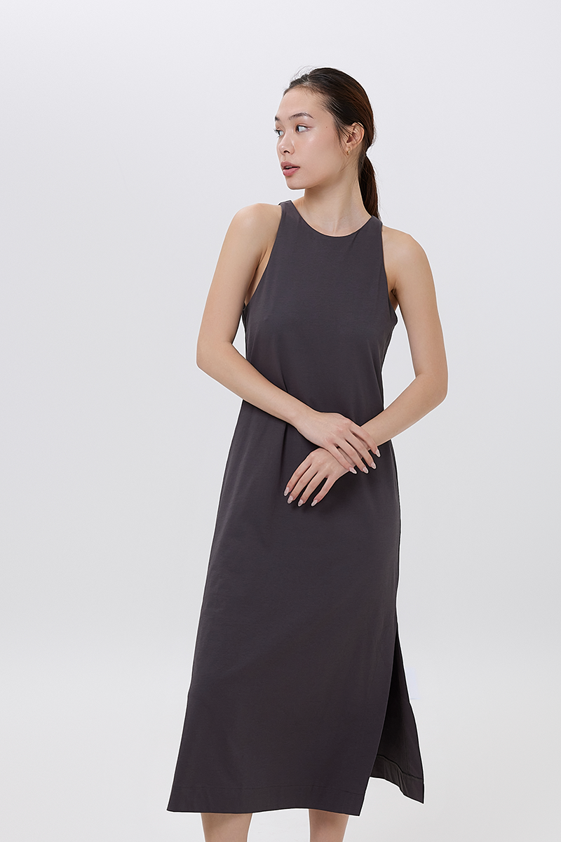 Krisan Sleeveless Side Slit Dress in Charcoal