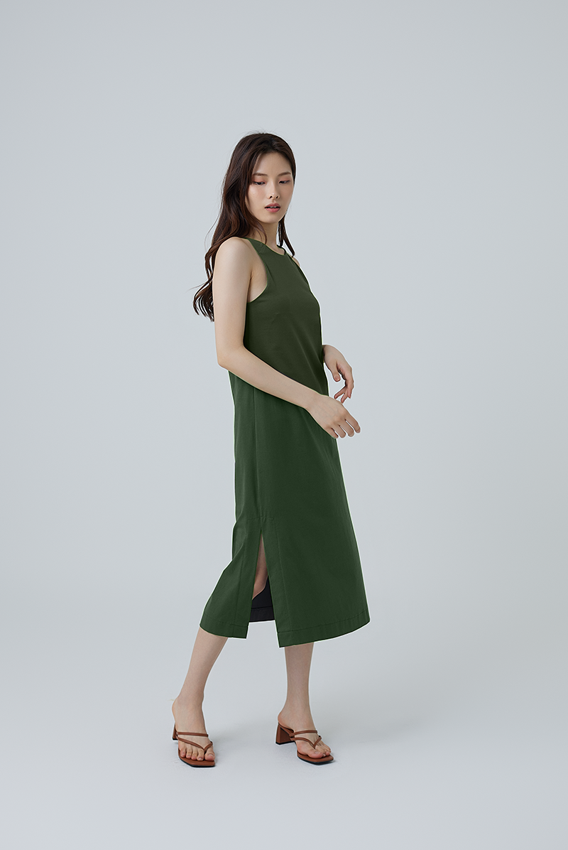 Krisan Sleeveless Side Slit Dress in Military Green
