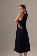 Krisan Sleeveless Side Slit Dress in Navy Blue