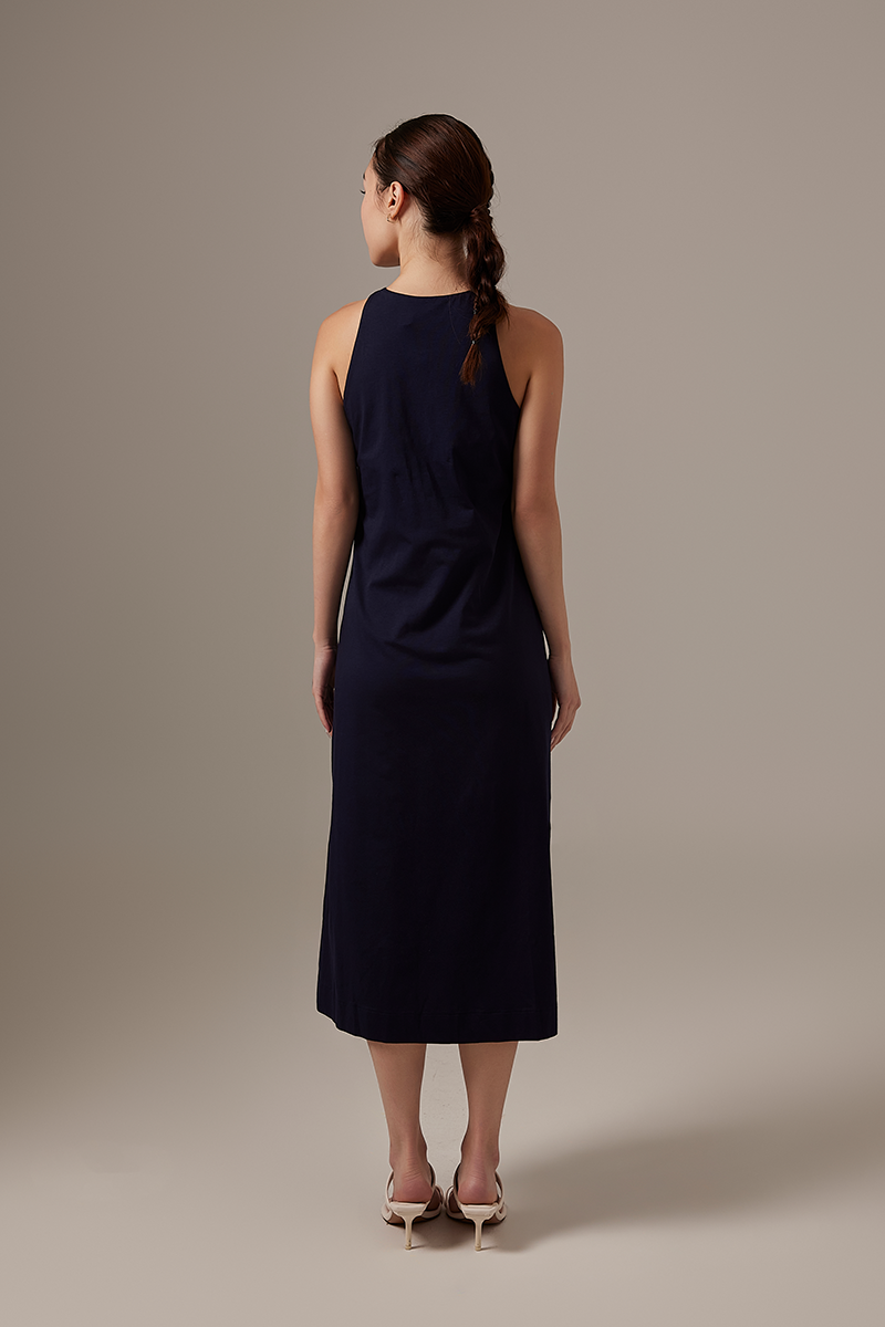Krisan Sleeveless Side Slit Dress in Navy Blue