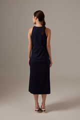 Krisan Sleeveless Side Slit Dress in Navy Blue