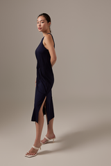 Krisan Sleeveless Side Slit Dress in Navy Blue
