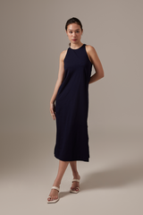 Krisan Sleeveless Side Slit Dress in Navy Blue