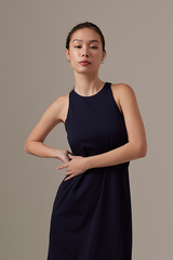 Krisan Sleeveless Side Slit Dress in Navy Blue