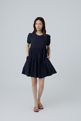 Fenella Tiered Babydoll Dress in Navy Blue
