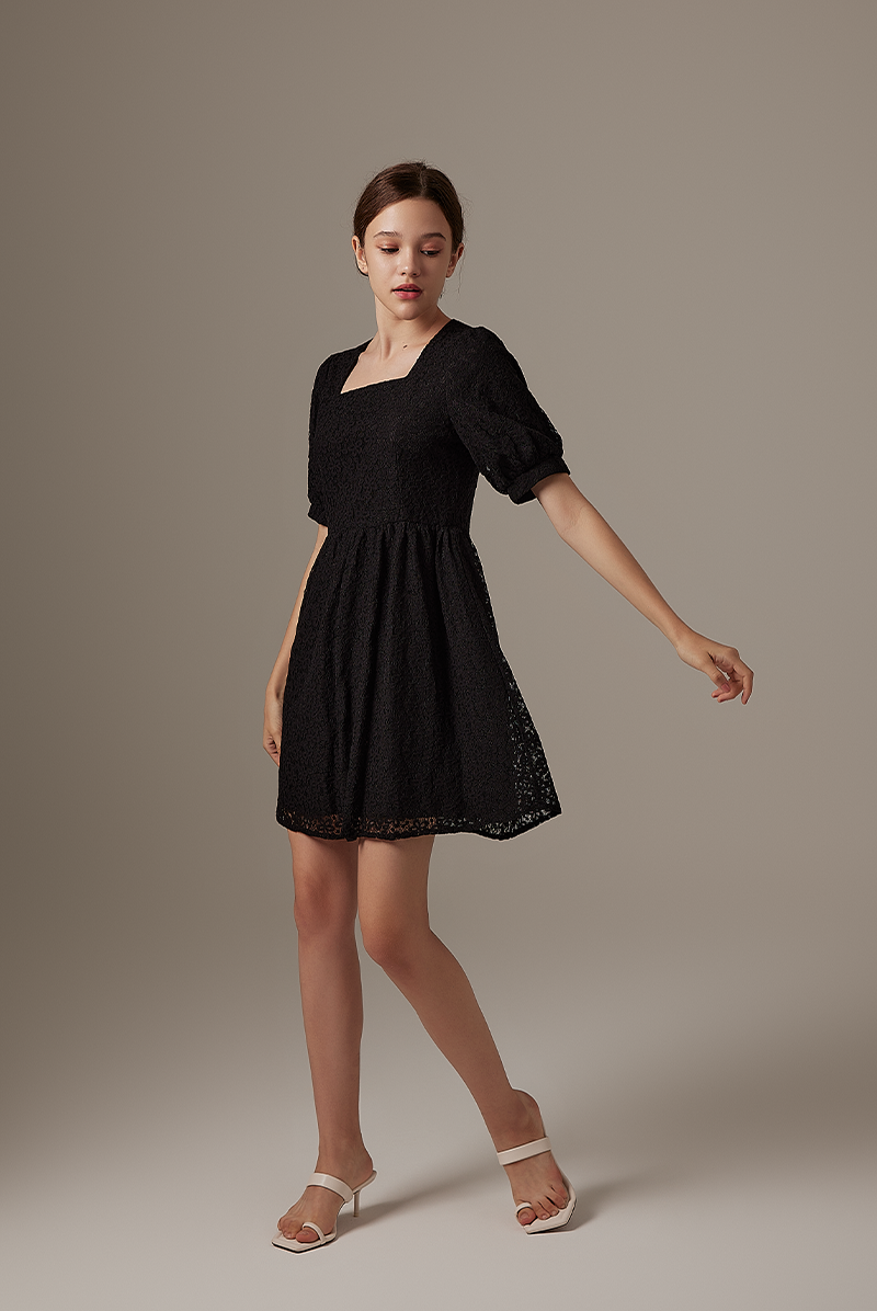 Sheena Floral Embroidered Dress in Black