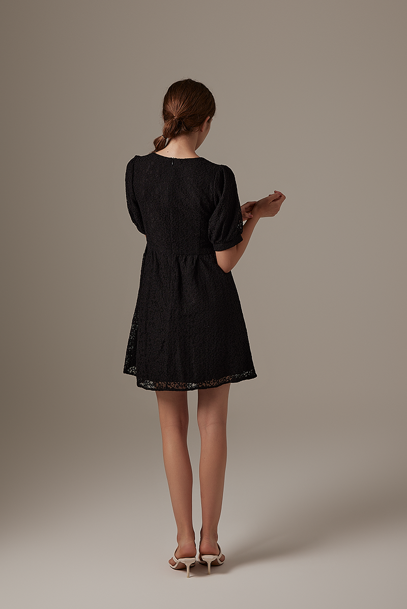 Sheena Floral Embroidered Dress in Black