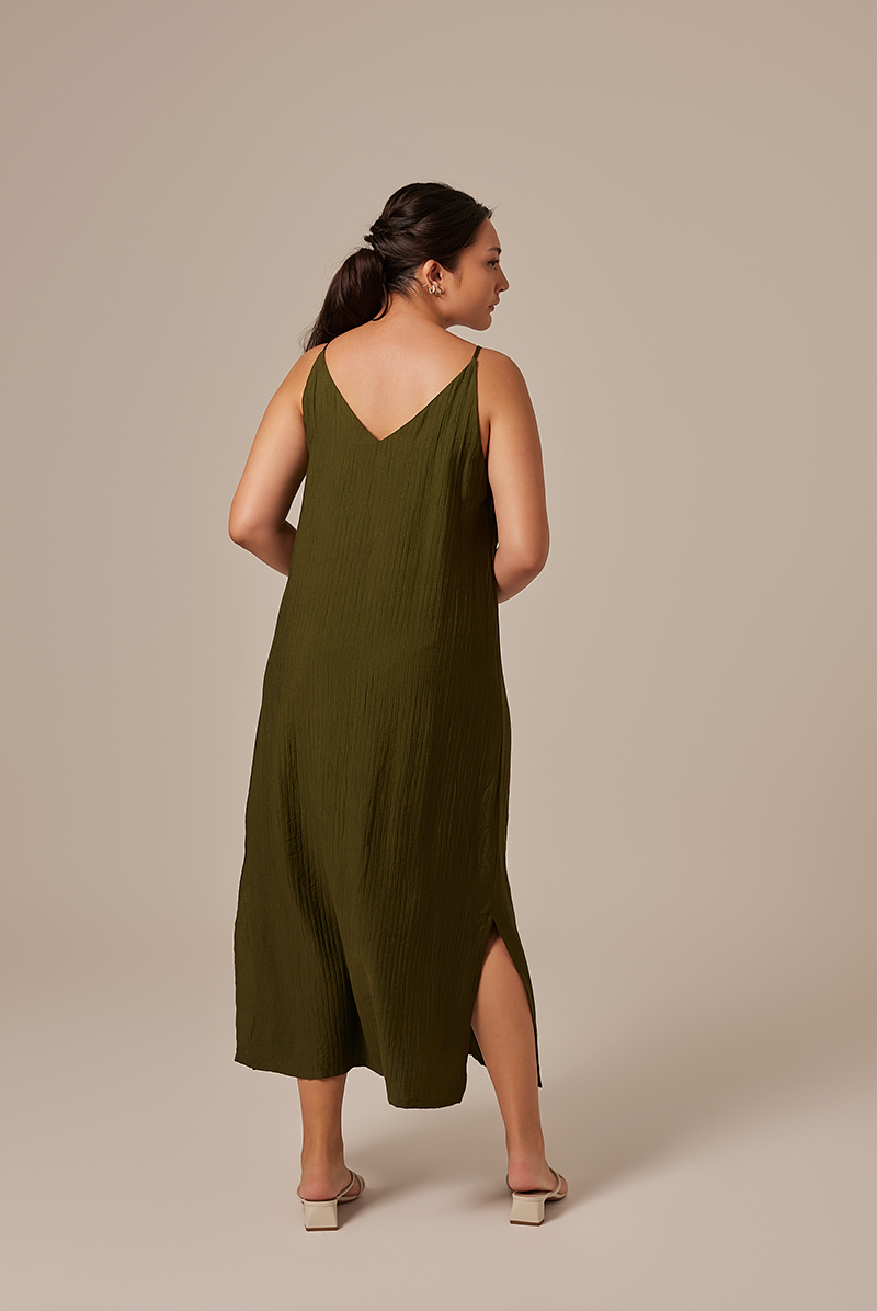 Annette V-neck Slip Dress in Army Green