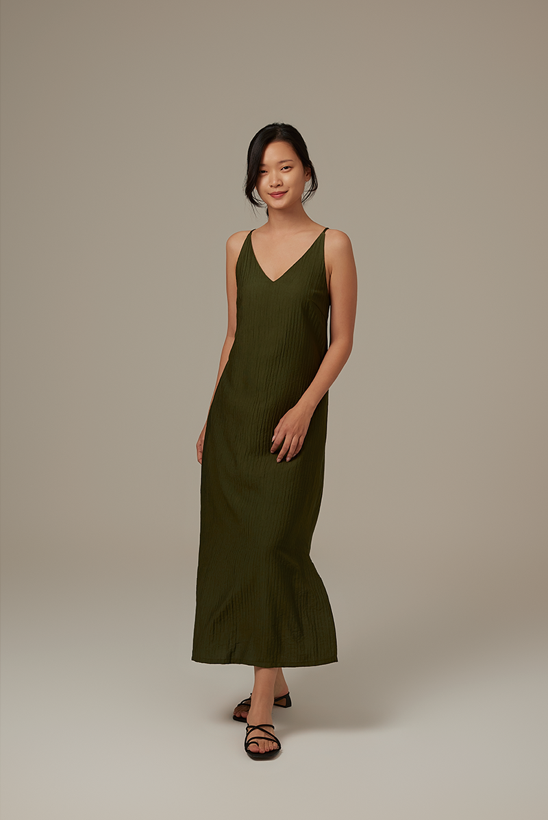 Annette V-neck Slip Dress in Army Green