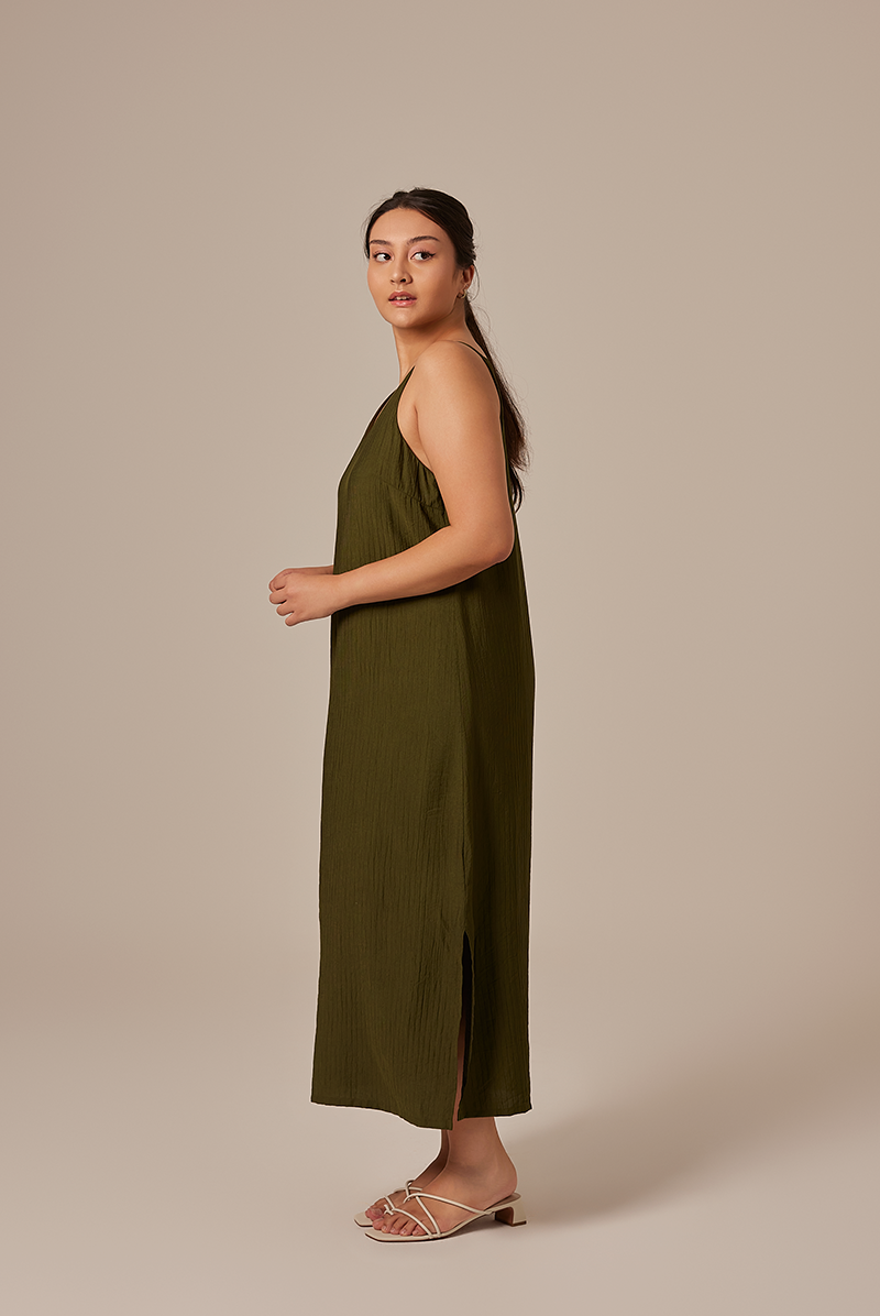 Annette V-neck Slip Dress in Army Green