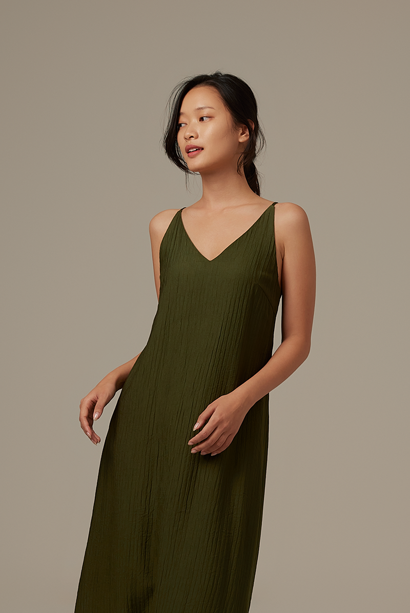 Annette V-neck Slip Dress in Army Green