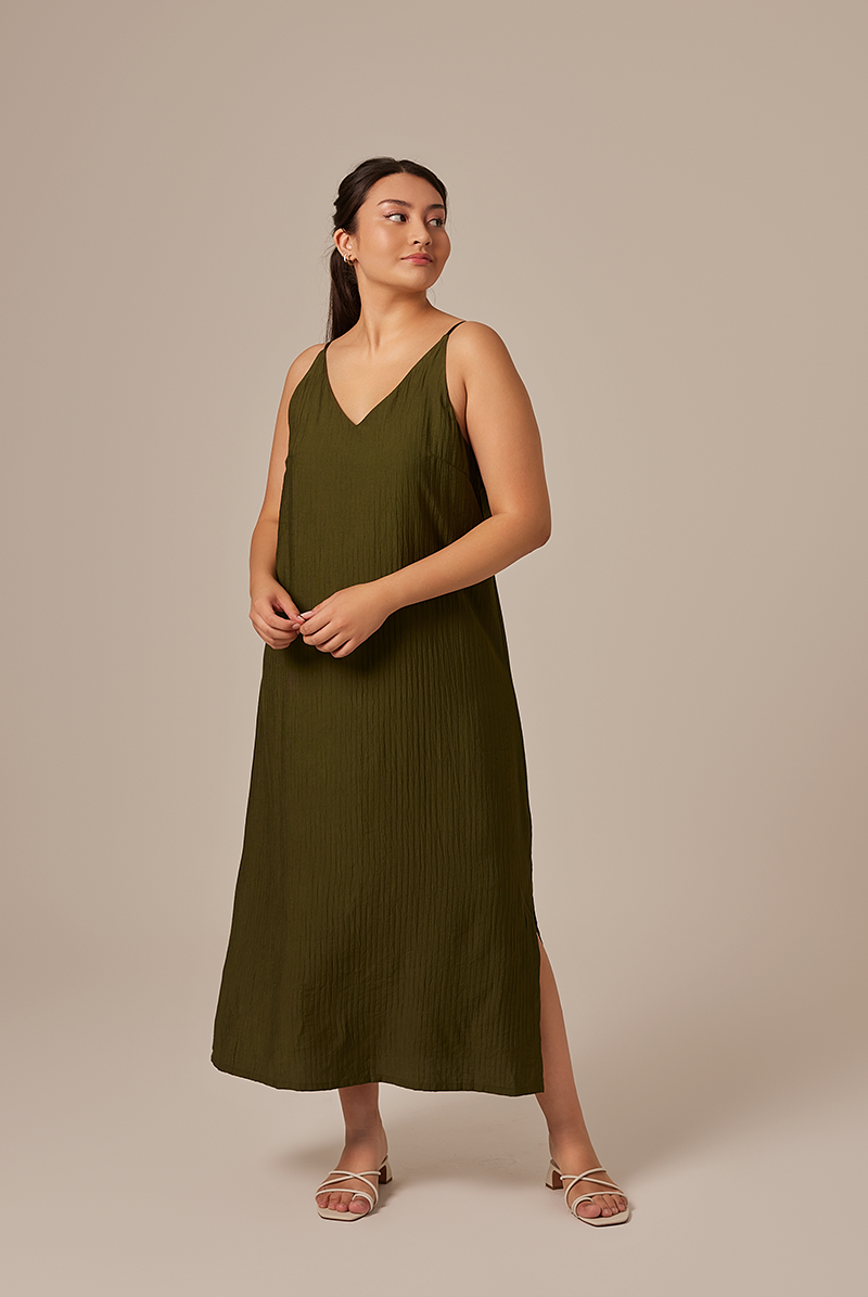 Annette V-neck Slip Dress in Army Green