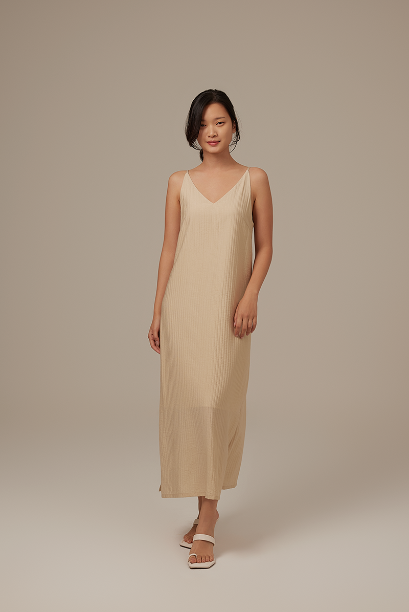 Annette V-neck Slip Dress in Beige