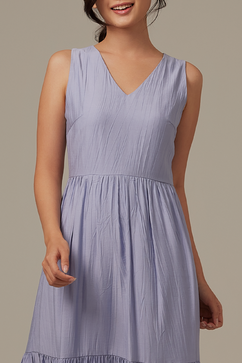 Nana V-Neck Tiered Dress in Dusty Blue