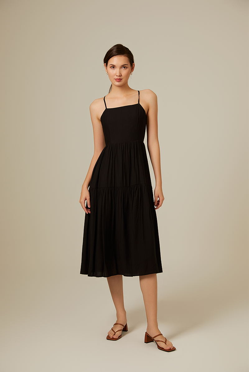 Linda Tiered Midi Dress in Black