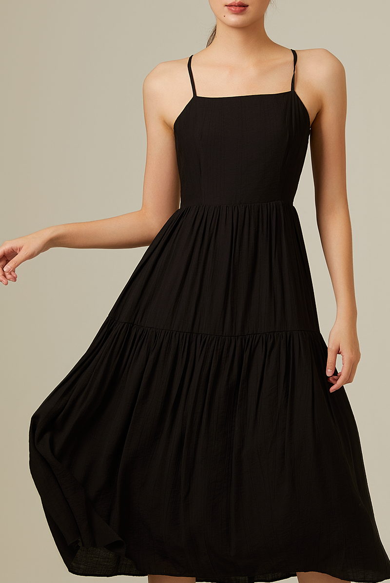 Linda Tiered Midi Dress in Black