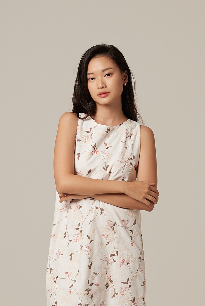 Marie Straight Cut Floral Dress in White