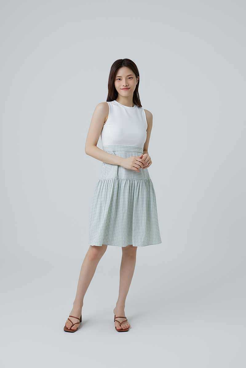 Eloisa Gingham Tiered Dress in Dusty Green