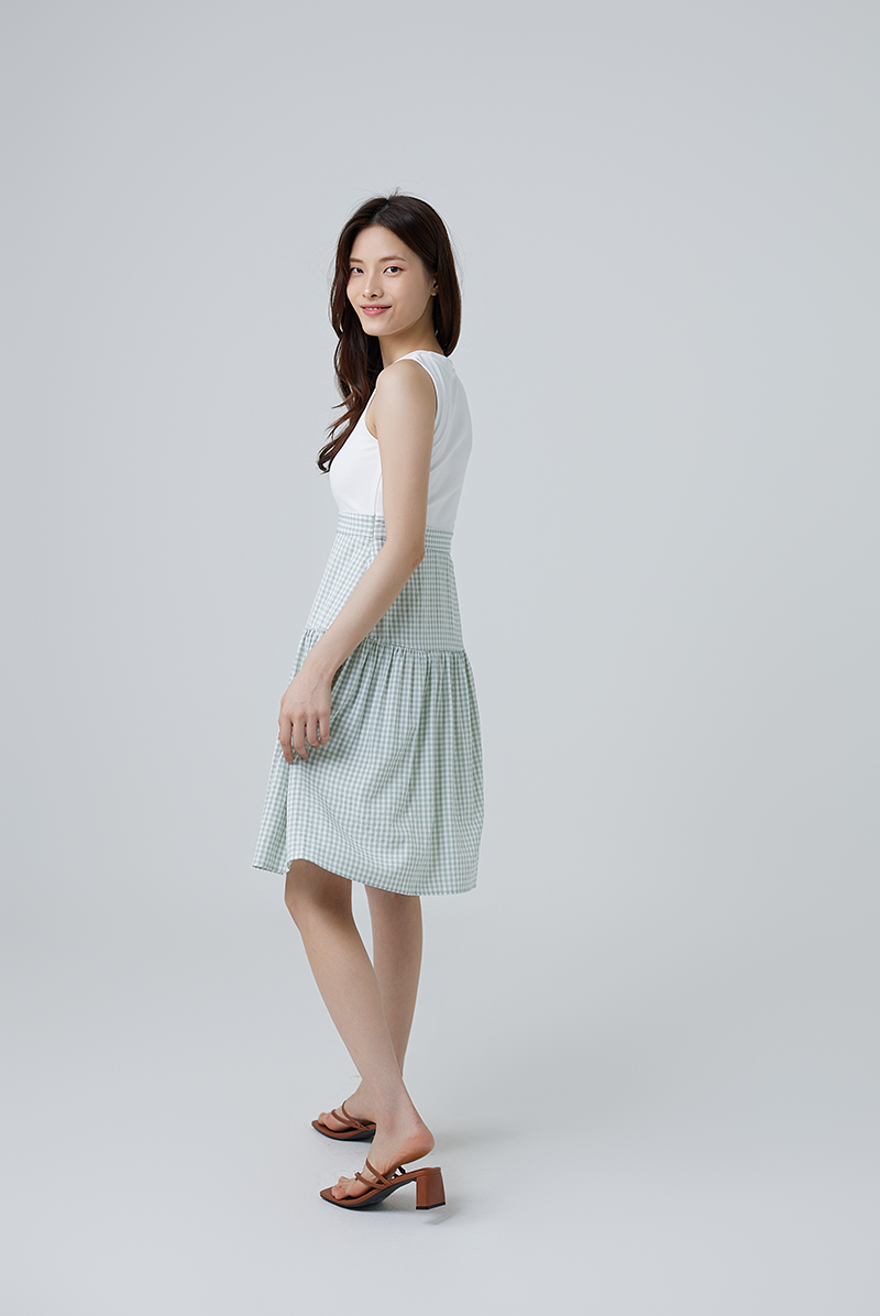 Eloisa Gingham Tiered Dress in Dusty Green