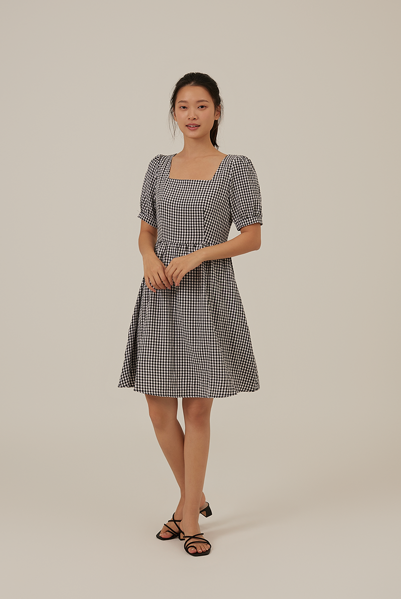 Chanelle Gingham Square Neck Dress in Black