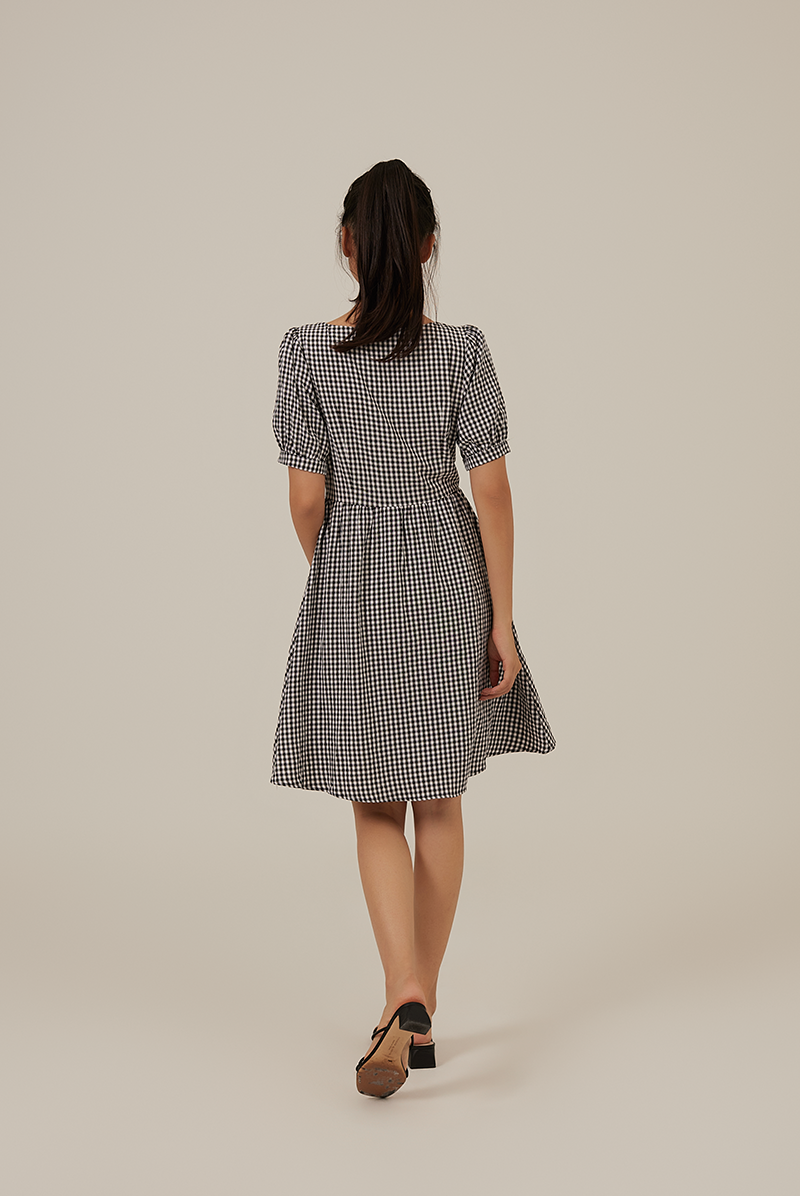 Chanelle Gingham Square Neck Dress in Black