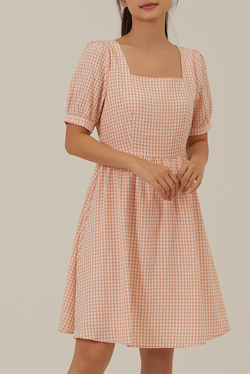 Chanelle Gingham Square Neck Dress in Melon