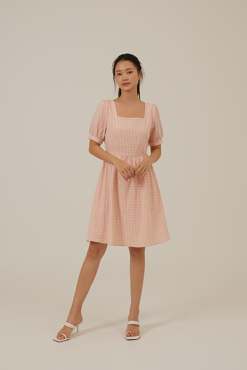 Chanelle Gingham Square Neck Dress in Melon