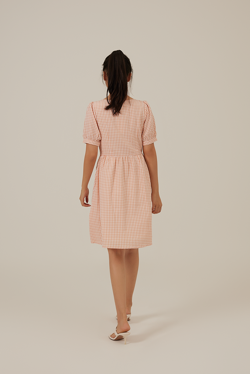 Chanelle Gingham Square Neck Dress in Melon