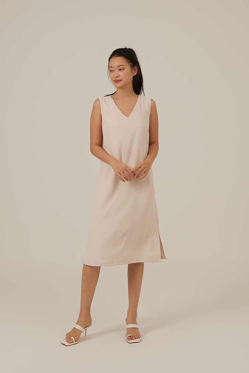 Juliana V-Neck Shift Dress in Beige