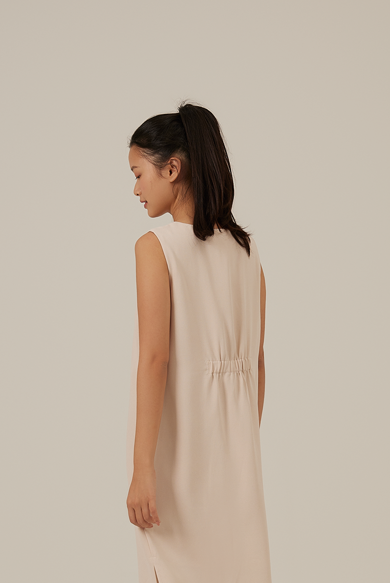 Juliana V-Neck Shift Dress in Beige