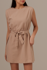 Taylor Shoulder-Padded Dress in Almond